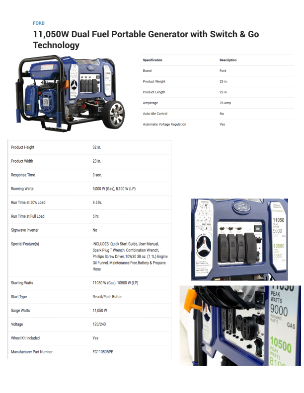 Ford 11050 W ---9000 w rated duel open frame generator